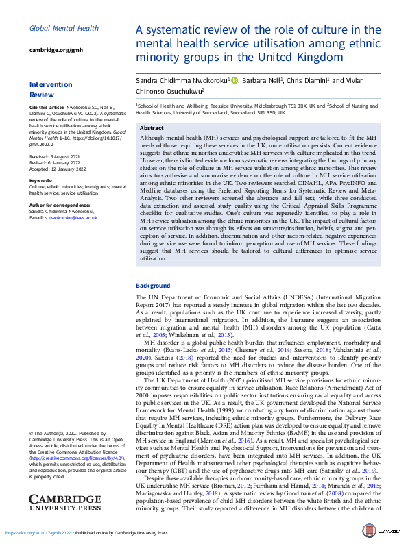 (PDF) A systematic review of the role of culture in the mental health ...
