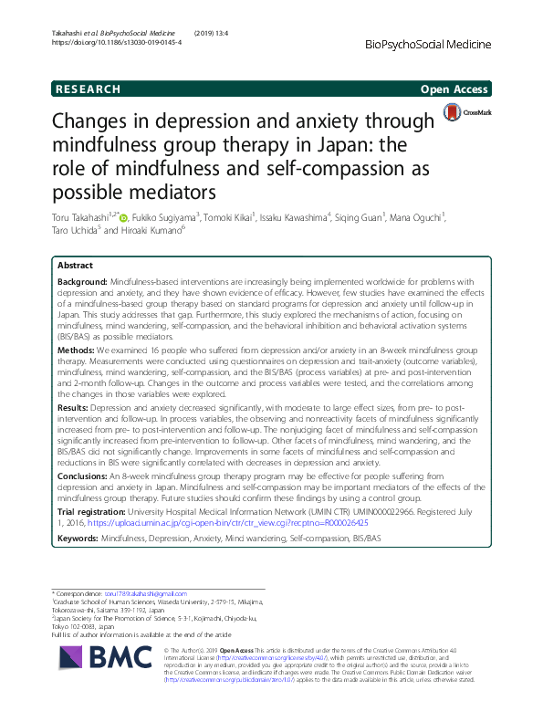 Changes in depression and anxiety through mindfulness group therapy in Japan: the role of mindfulness and self-compassion as possible mediators