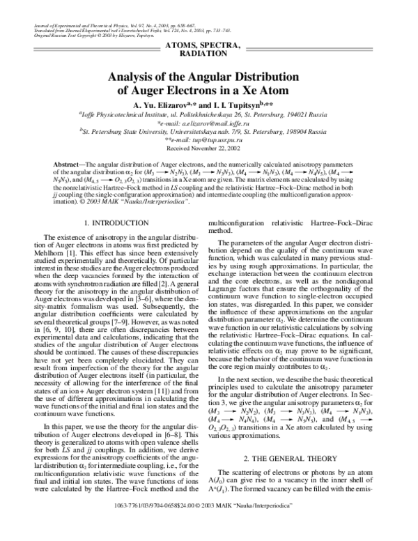(PDF) Analysis of the angular distribution of Auger electrons in a Xe atom