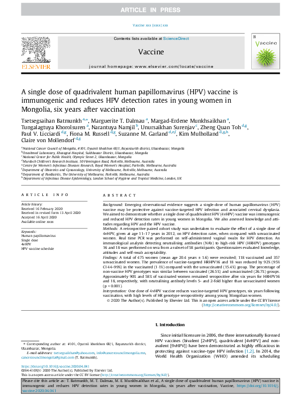 (PDF) A single dose of quadrivalent human papillomavirus (HPV) vaccine ...