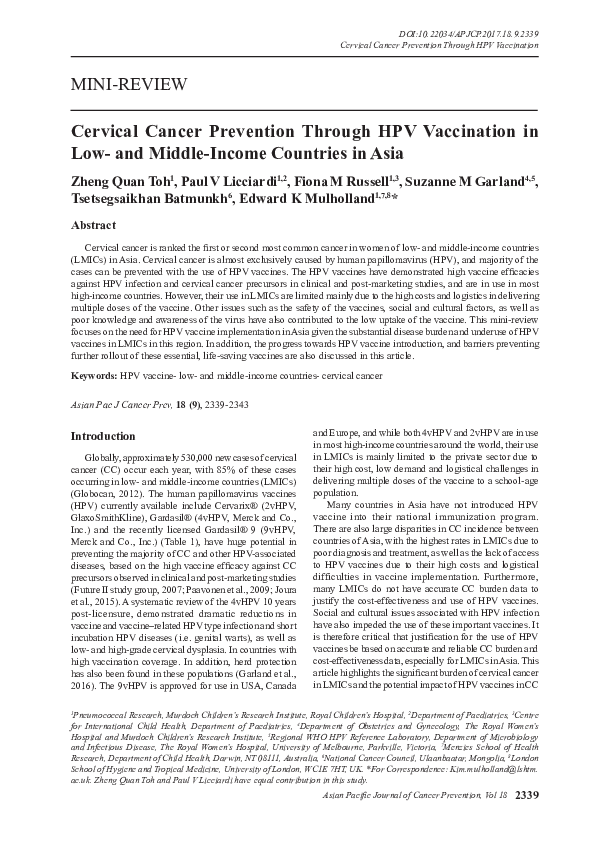 (PDF) Cervical Cancer Prevention Through HPV Vaccination in Low- and ...