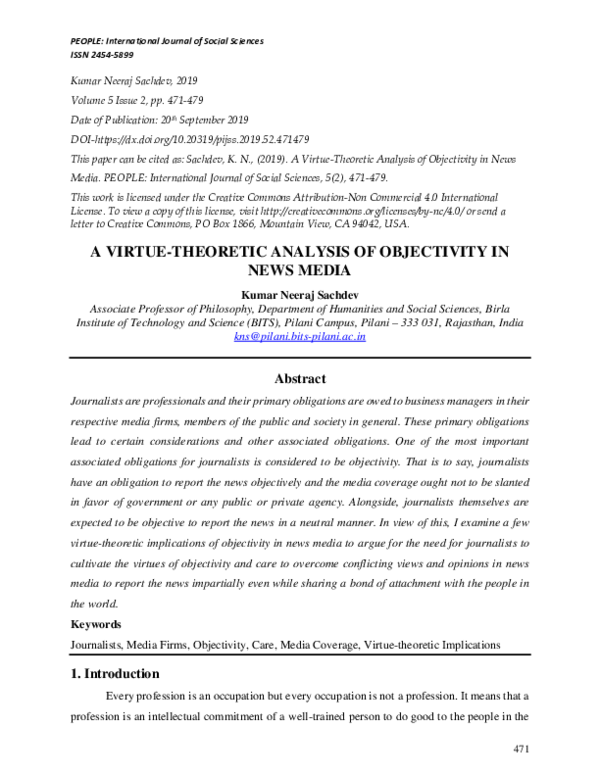 (PDF) A Virtue-Theoretic Analysis of Objectivity in News Media