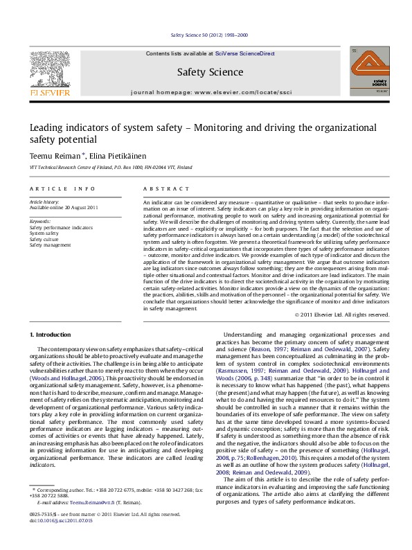 (PDF) Leading indicators of system safety – Monitoring and driving the ...