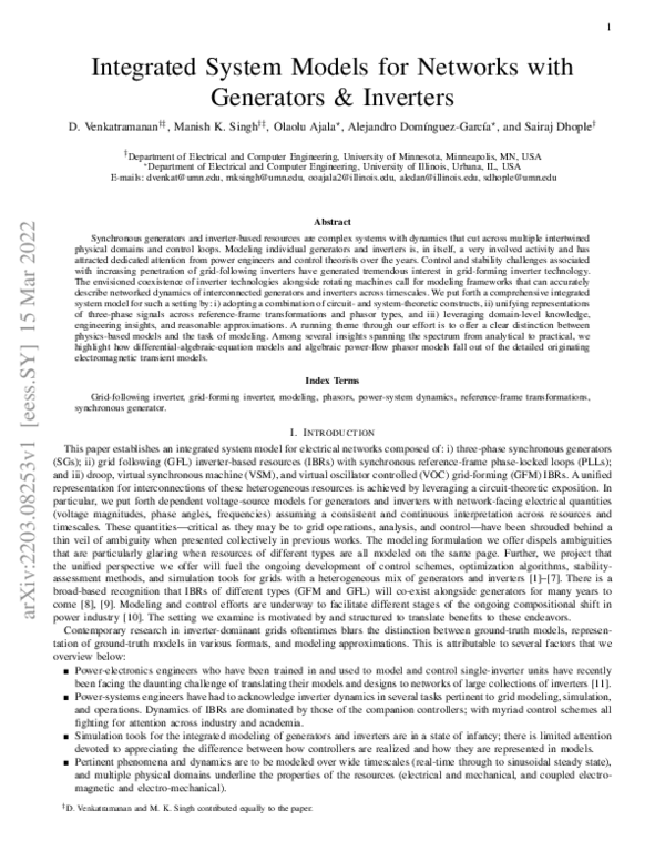 (PDF) Integrated System Models for Networks with Generators & Inverters