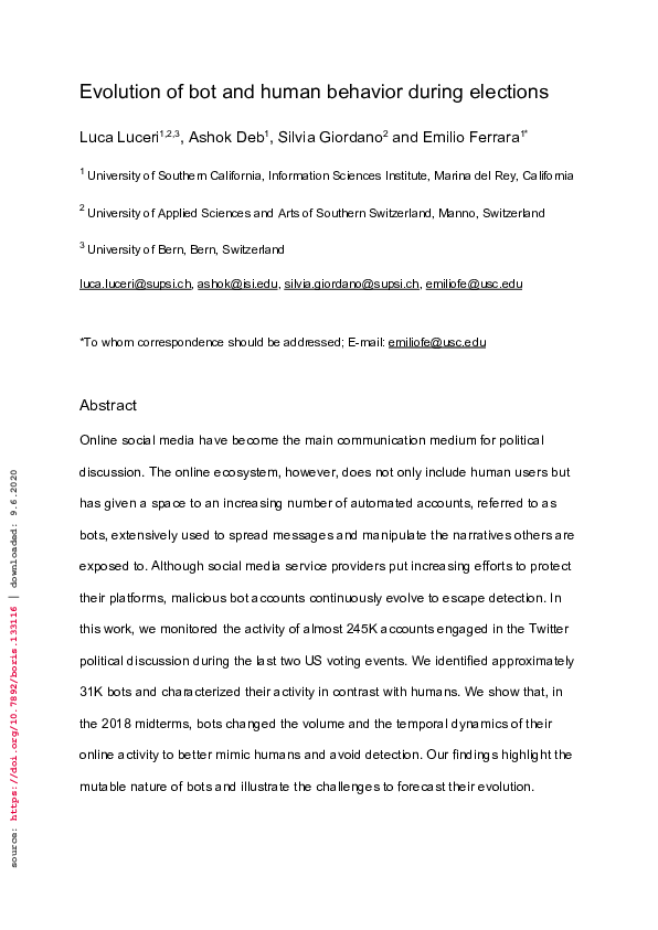 (PDF) Evolution of bot and human behavior during elections