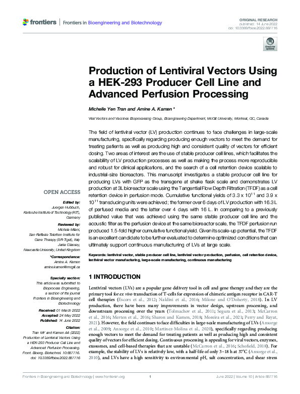 (PDF) Production of Lentiviral Vectors Using a HEK-293 Producer Cell ...