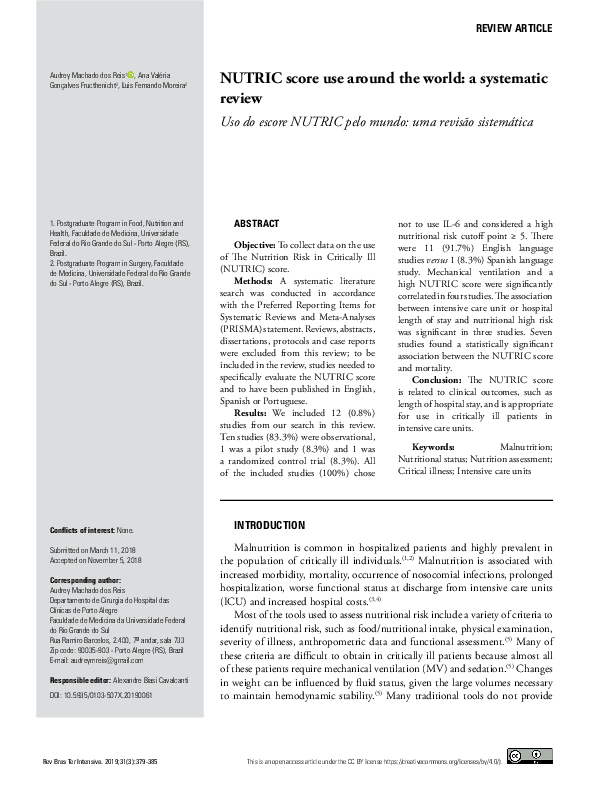 (PDF) NUTRIC score use around the world: a systematic review