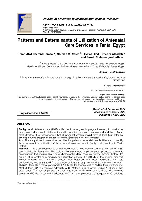 (PDF) Patterns and Determinants of Utilization of Antenatal Care ...