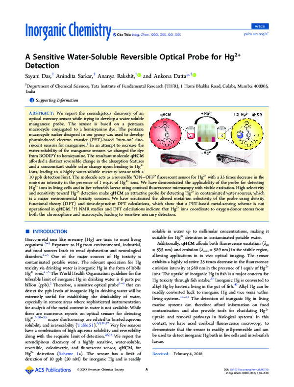 (PDF) A Sensitive Water-Soluble Reversible Optical Probe for Hg2+ Detection