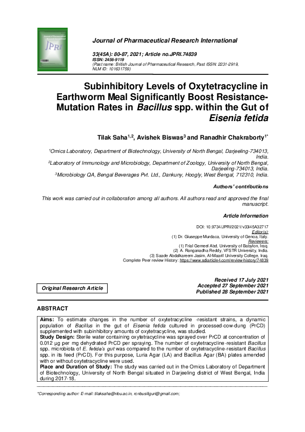 Subinhibitory Levels of Oxytetracycline in Earthworm Meal Significantly Boost Resistance-Mutation Rates in Bacillus spp. within the Gut of Eisenia fetida