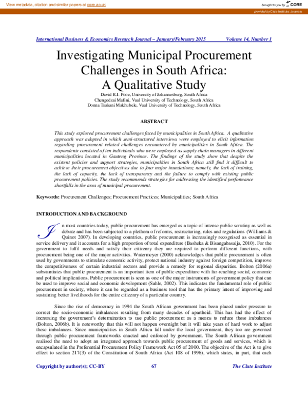 (PDF) Investigating Municipal Procurement Challenges in South Africa: A ...