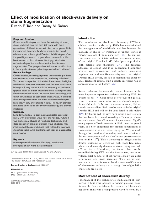 (PDF) Effect of modification of shock-wave delivery on stone fragmentation