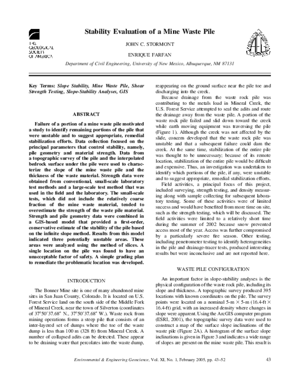 (PDF) Stability Evaluation of a Mine Waste Pile