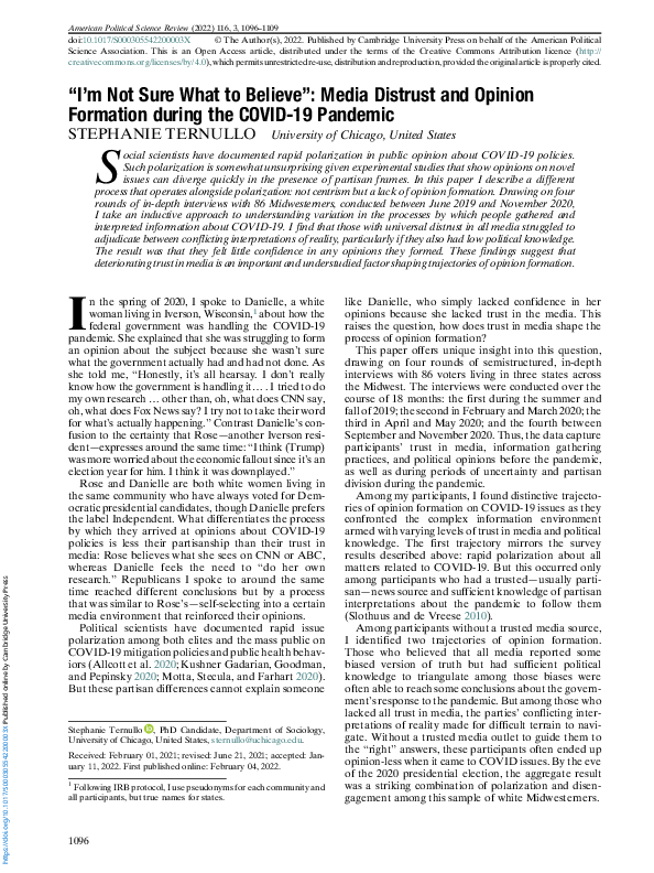 “I’m Not Sure What to Believe”: Media Distrust and Opinion Formation during the COVID-19 Pandemic