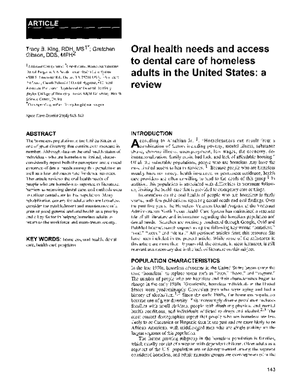 (PDF) Oral health needs and access to dental care of homeless adults in