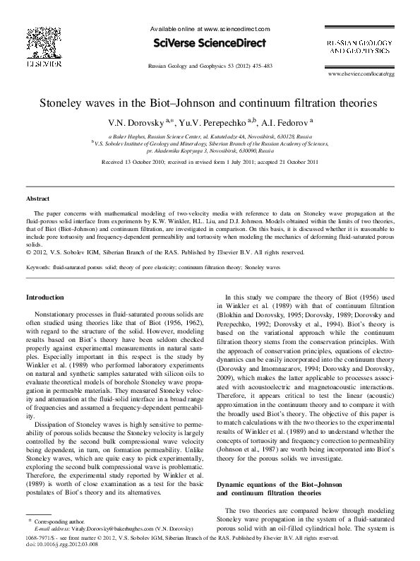 (PDF) Stoneley waves in the Biot–Johnson and continuum filtration theories