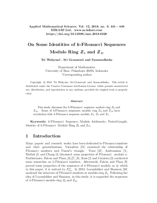 (PDF) On some identities of k-Fibonacci sequences modulo ring Z_6 and Z ...