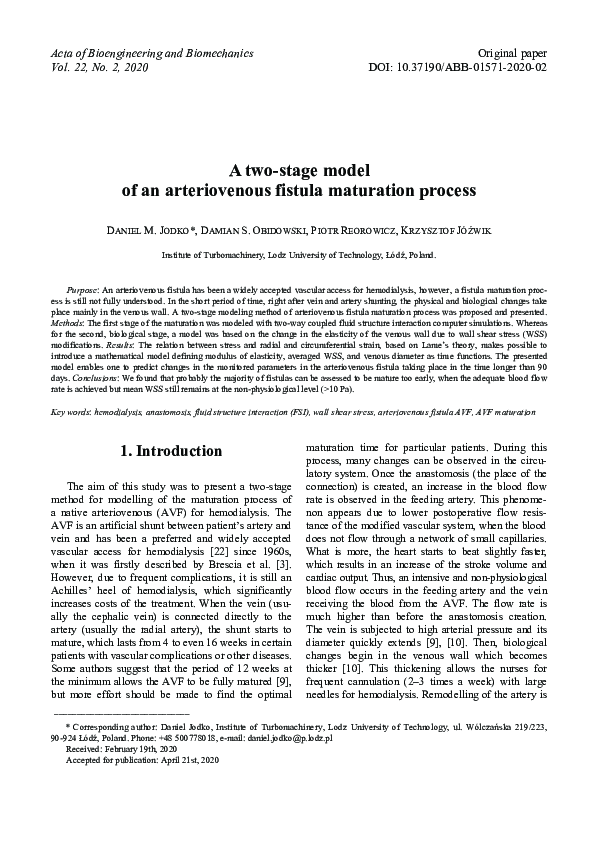 (PDF) A two-stage model of an arteriovenous fistula maturation process