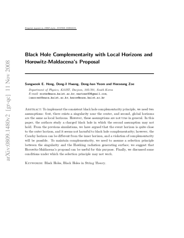 (PDF) Black hole complementarity with local horizons and Horowitz ...