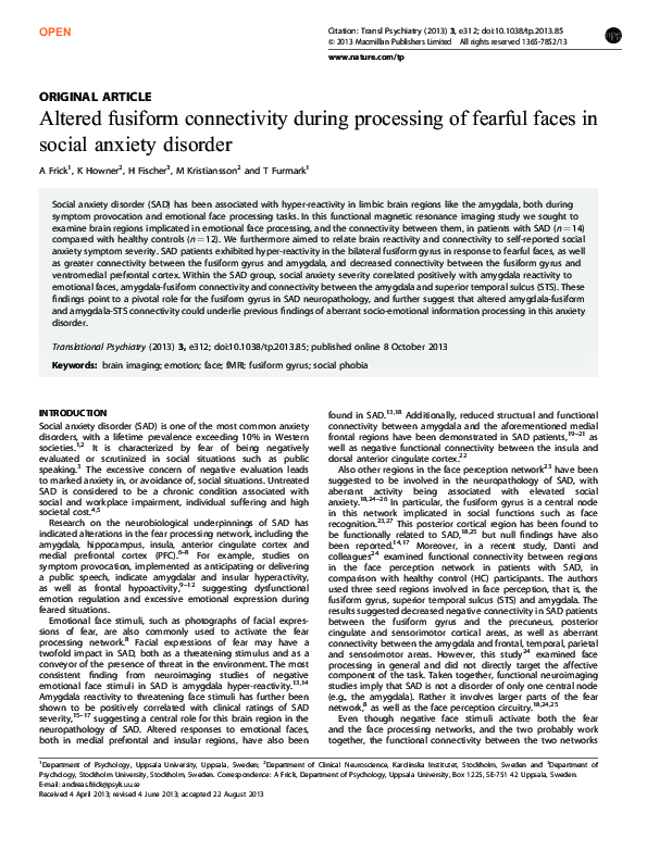 (PDF) Altered fusiform connectivity during processing of fearful faces ...