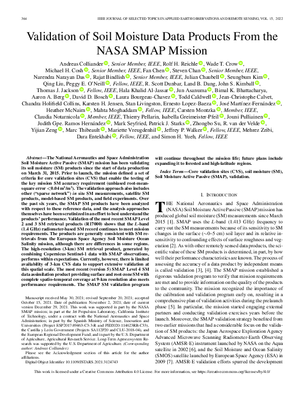 (PDF) Validation of Soil Moisture Data Products from the NASA SMAP Mission