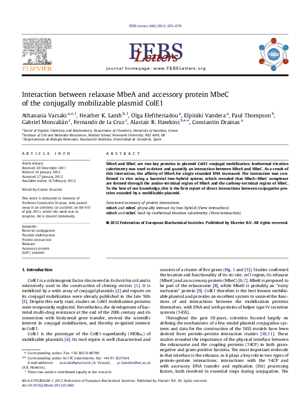 (PDF) Interaction between relaxase MbeA and accessory protein MbeC of ...