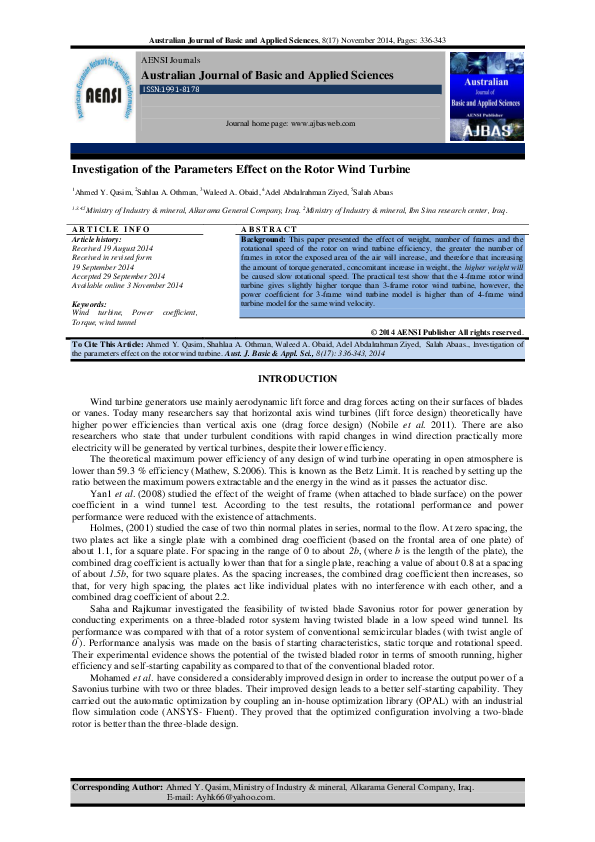 (PDF) Investigation of the Parameters Effect on the Rotor Wind Turbine
