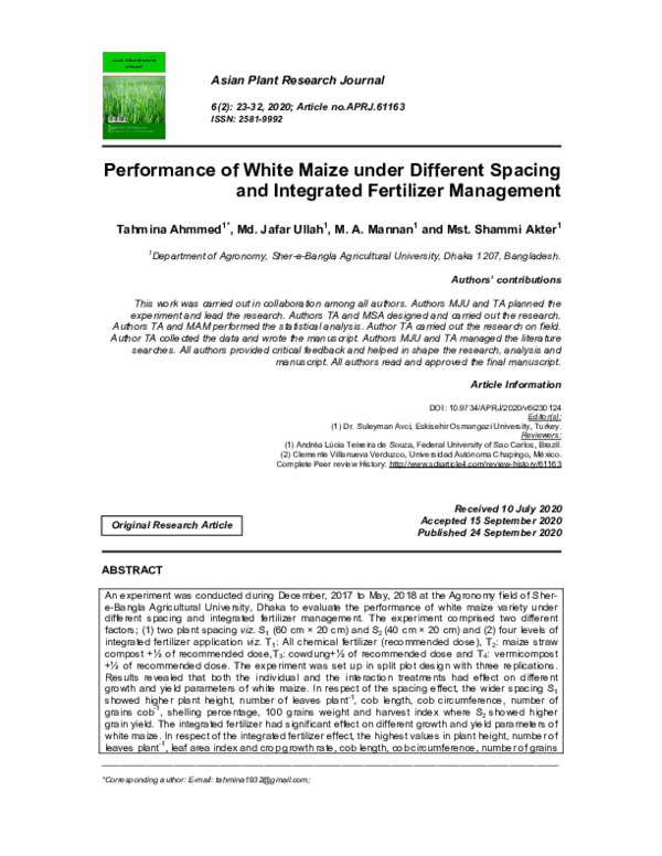 (PDF) Performance of White Maize under Different Spacing and Integrated ...