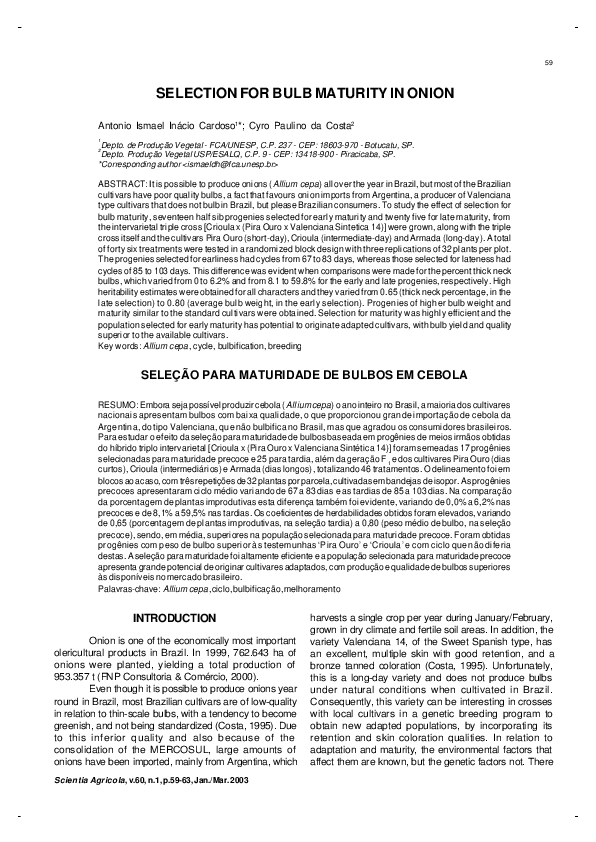 (PDF) Selection for bulb maturity in onion Cyro P. Da Costa