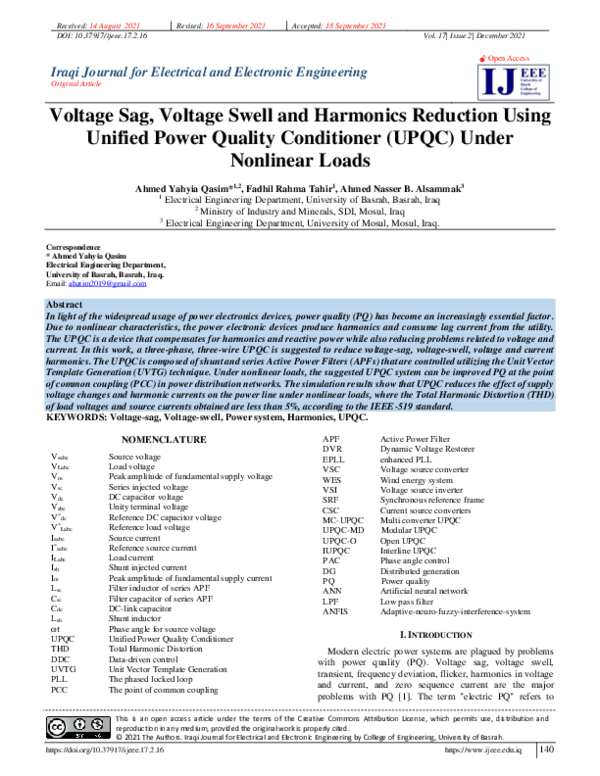 (PDF) Voltage Sag, Voltage Swell and Harmonics Reduction Using Unified ...
