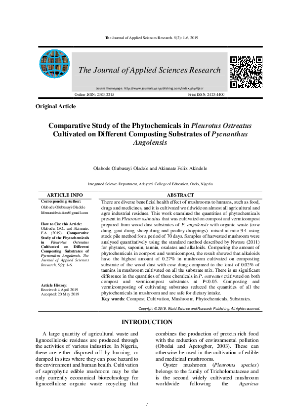 (PDF) Comparative study of the phytochemicals in Pleurotus ostreatus ...
