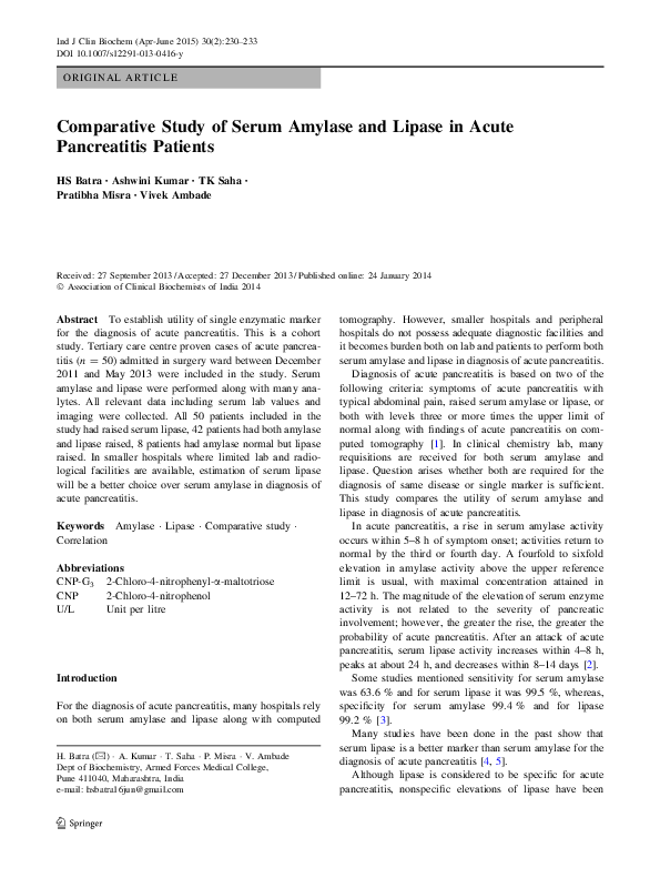 (PDF) Comparative Study of Serum Amylase and Lipase in Acute ...