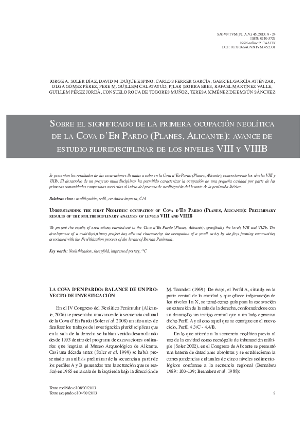 La primera ocupación neolítica de la Cova d’En Pardo (Planes, Alicante). Avance de estudio pluridisciplinar de los niveles VIII y VIIIb