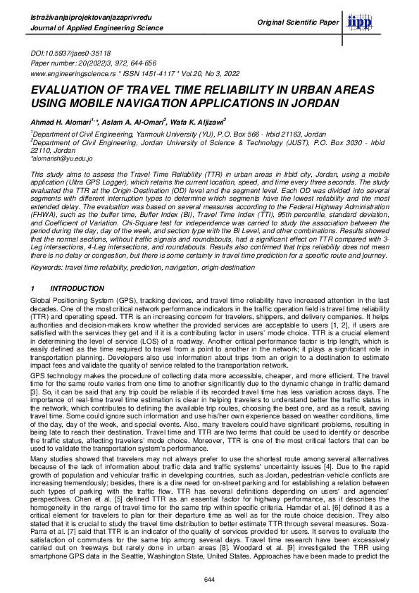 (PDF) Evaluation of travel time reliability in urban areas using mobile ...
