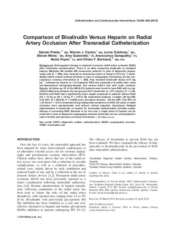 (PDF) Comparison of bivalirudin versus heparin on radial artery ...
