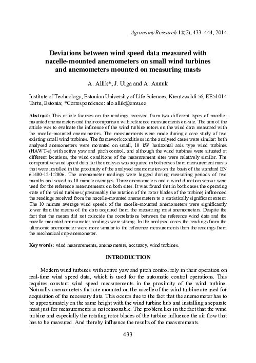 Pdf Deviations Between Wind Speed Data Measured With Nacelle Mounted