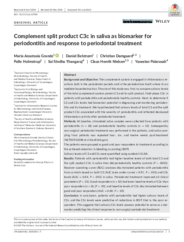 (PDF) Complement split product C3c in saliva as biomarker for ...
