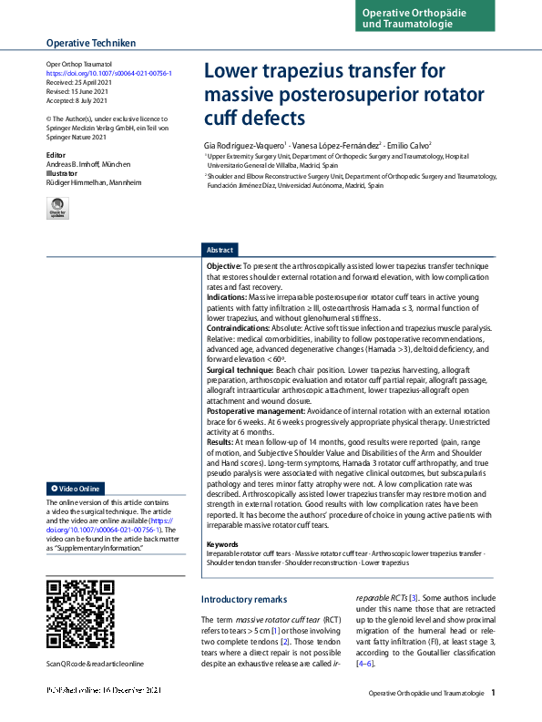 (PDF) Lower trapezius transfer for massive posterosuperior rotator cuff