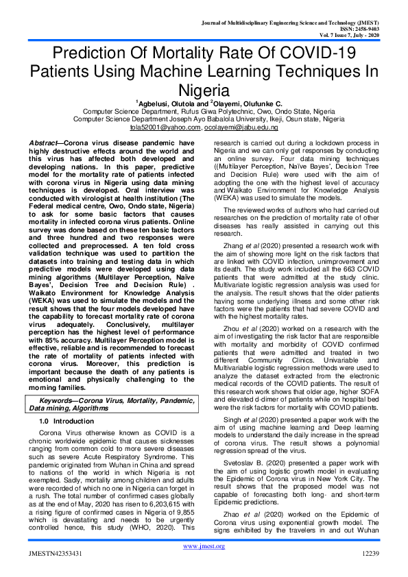 (PDF) Prediction of Mortality Rate of COVID-19 Patients using Machine ...