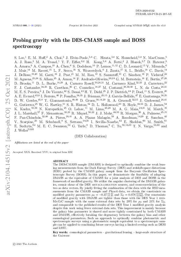 (PDF) Probing gravity with the DES-CMASS sample and BOSS spectroscopy