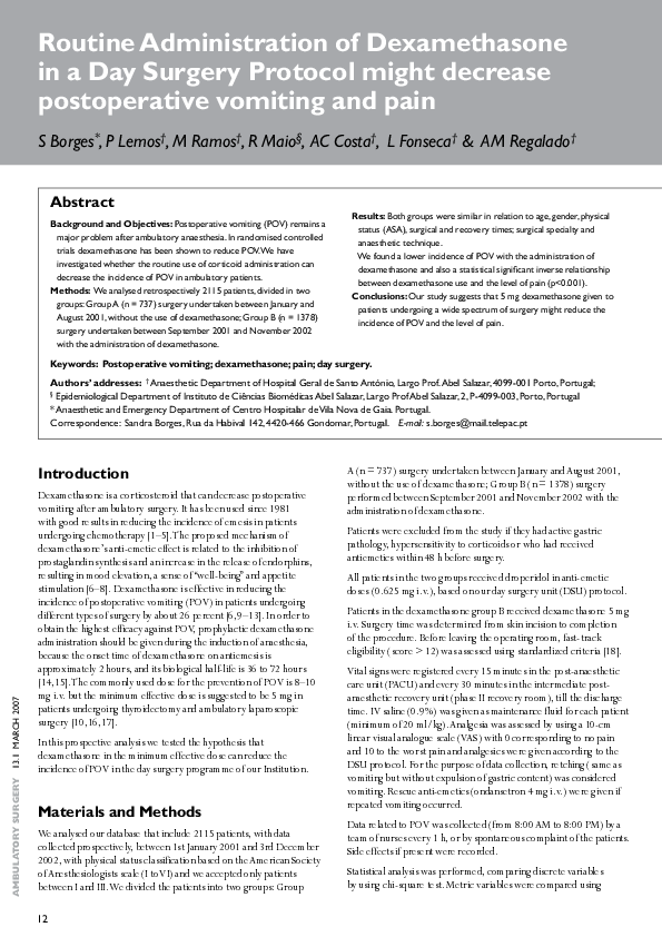 (PDF) Routine Administration of Dexamethasone in a Day Surgery Protocol ...