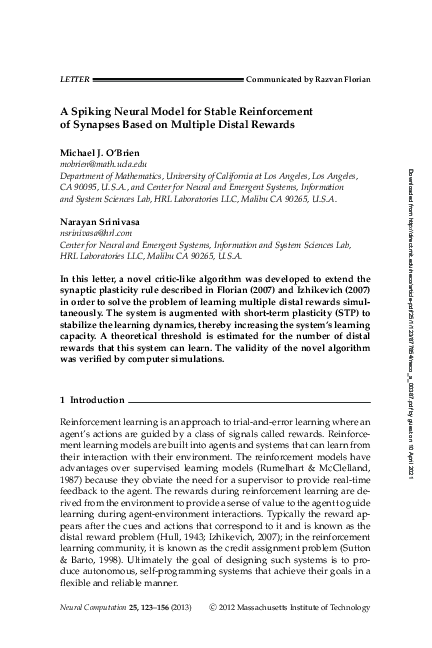 (PDF) A Spiking Neural Model for Stable Reinforcement of Synapses Based ...