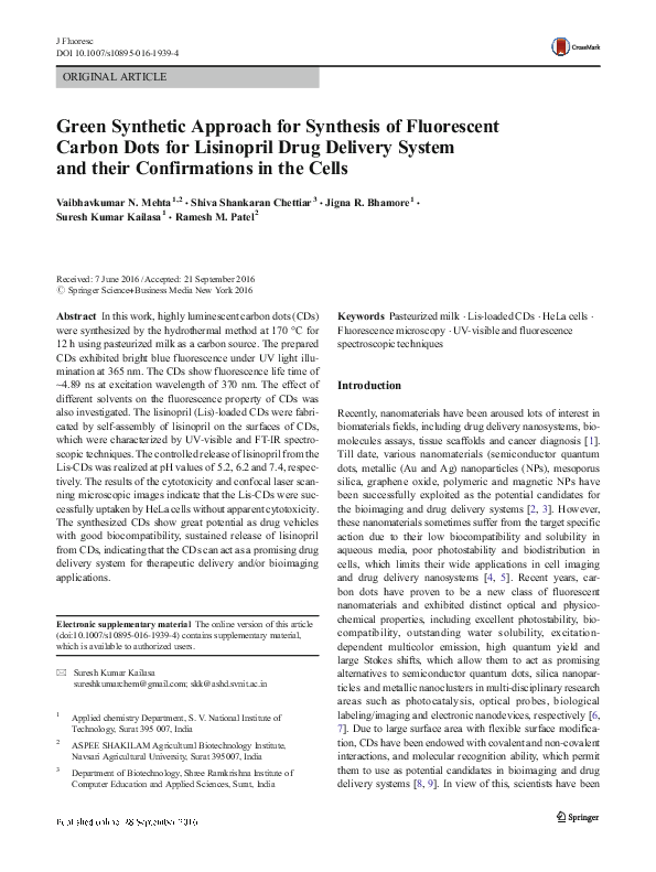 (PDF) Green Synthetic Approach for Synthesis of Fluorescent Carbon Dots ...