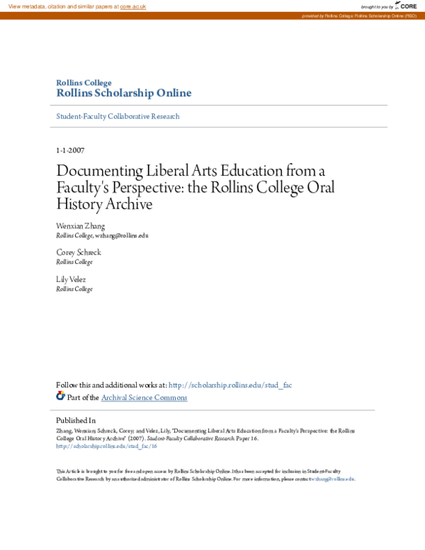 (PDF) Documenting Liberal Arts Education from a Faculty's Perspective