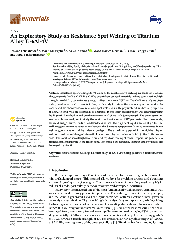 (PDF) An Exploratory Study on Resistance Spot Welding of Titanium Alloy ...