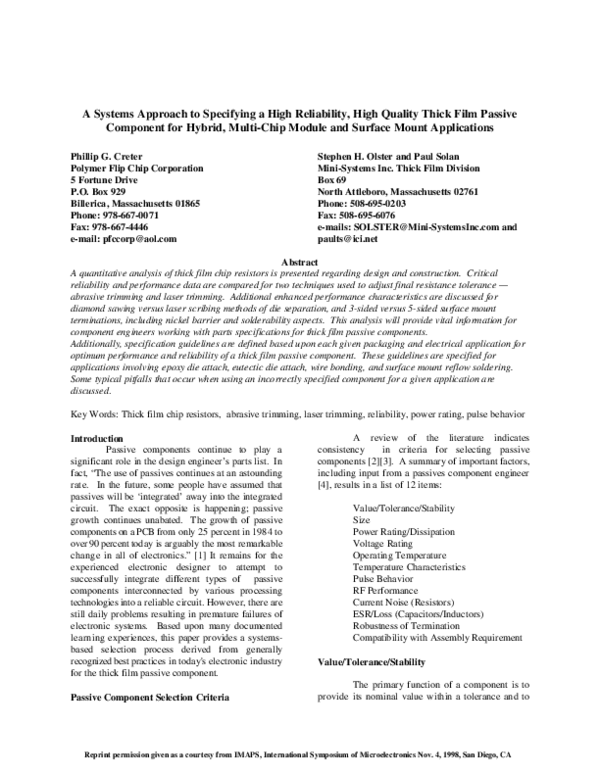 (PDF) A Systems Approach to Specifying a High Reliability, High Quality ...
