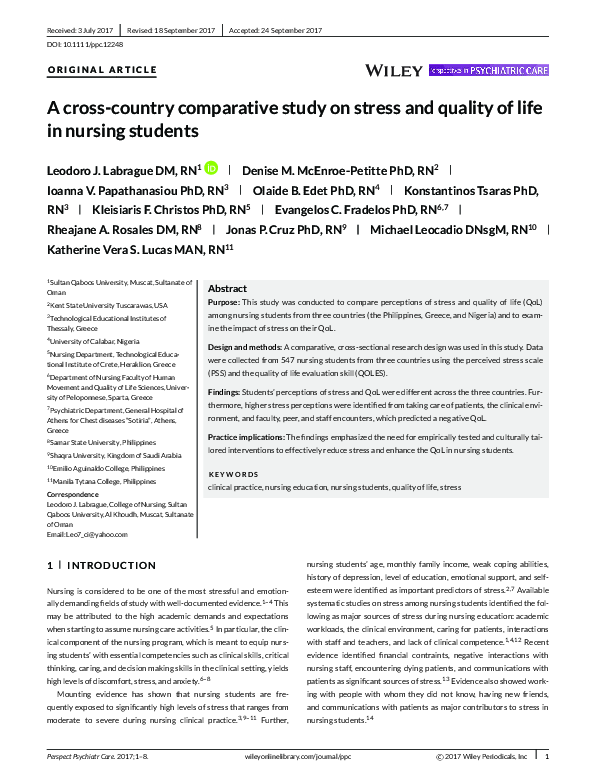 (PDF) A cross-country comparative study on stress and quality of life ...