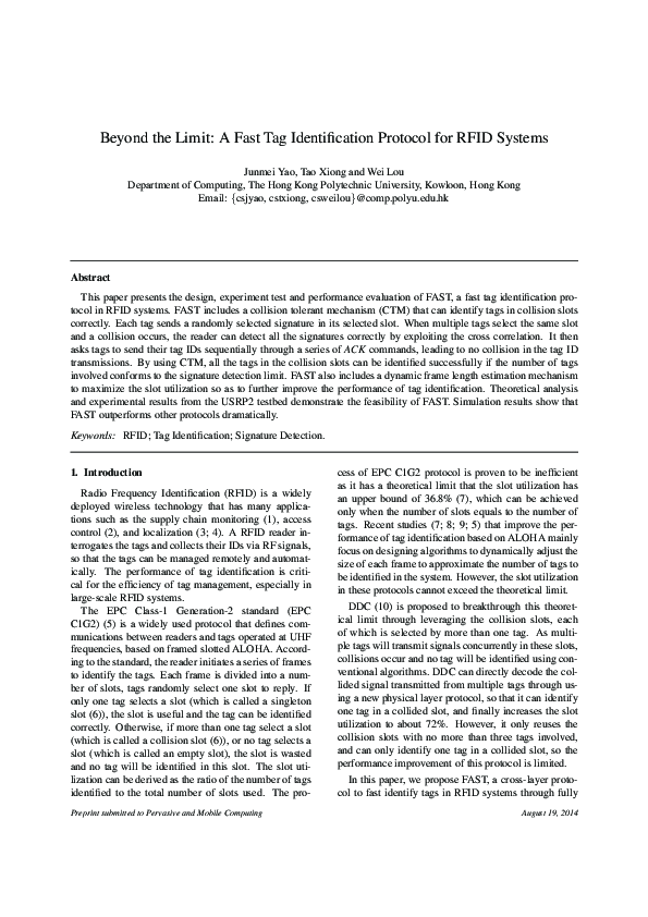 (PDF) Beyond the limit: A fast tag identification protocol for RFID systems