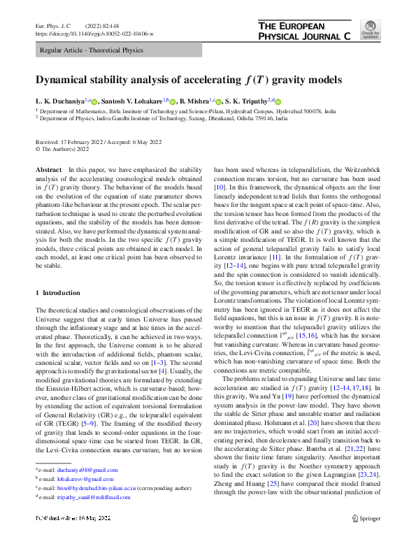 (PDF) Dynamical stability analysis of accelerating f(T) gravity models