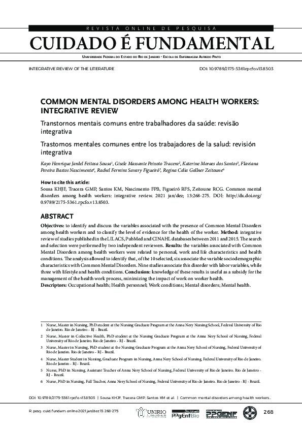 (PDF) Common mental disorders among health workers: integrative review ...
